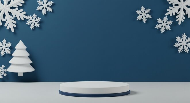 Minimalist 3d podium display with white stylized christmas tree and snowflakes against a dark blue background