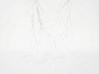 Minimalist white installation with thin branches and reflections