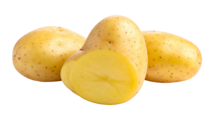 Three potatoes, one halved, showing light beige skin and creamy, pale yellow flesh