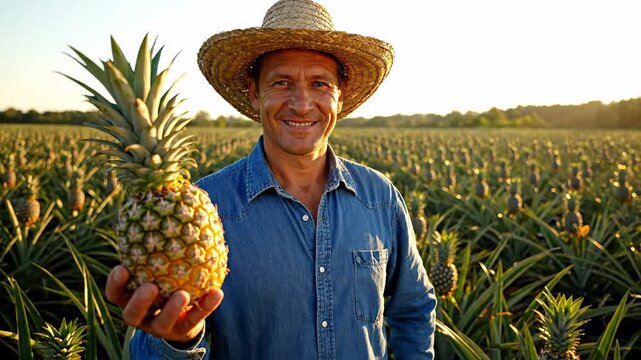 Happy farmer wearing a straw hat is pictured in a large pineapple plantation at sunset, proudly holding a freshly picked and juicy fruit
