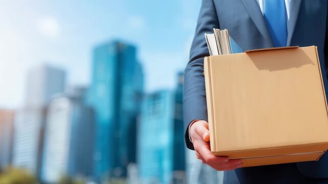 A business person in formal attire carries a cardboard box while standing in front of tall skyscrapers under clear skies