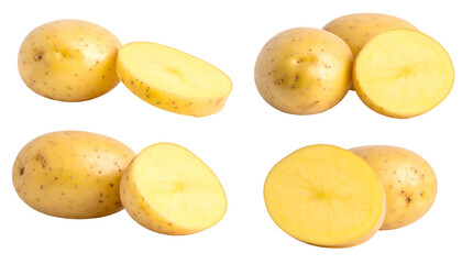 Four arrangements of round, partially cut, yellowish potatoes on a solid black background