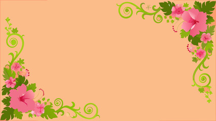 Tropical floral corner design with hibiscus flowers and green vines on peach background