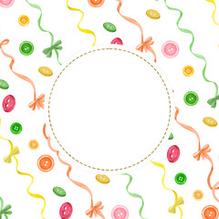 Round frame for text on seamless pattern of colorful sewing buttons. Sewing clipart. Hand drawn watercolor illustrations for sewing, crafting-themed design, postcards, covers