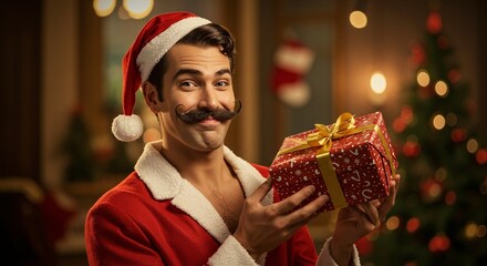 Handsome man with a large mustache dressed as santa claus holding a wrapped christmas gift in a festive setting