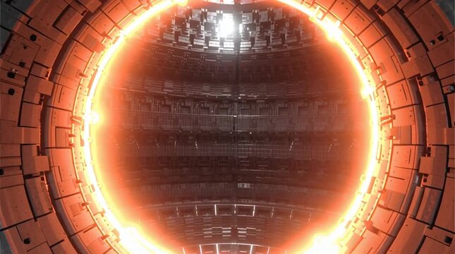 Interior of a futuristic experimental tokamak fusion reactor, where extremely hot, magnetically confined plasma swirls in a glowing, violent ring, visualizing cutting-edge fusion physics and clean ene