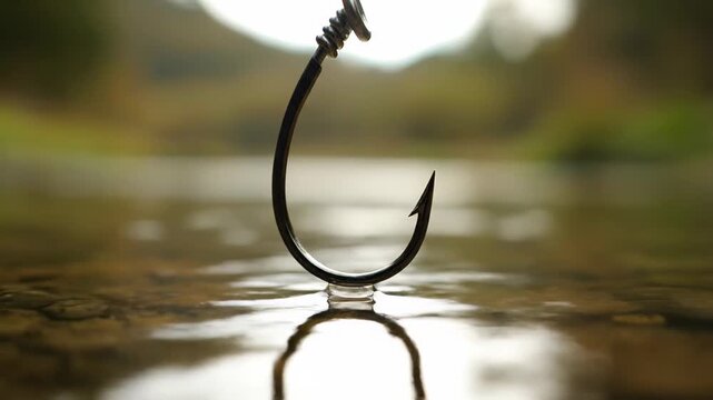 Detailed close up of a solitary fishing hook delicately resting on the serene water of a river, causing a subtle indentation in the surface due to the water tension