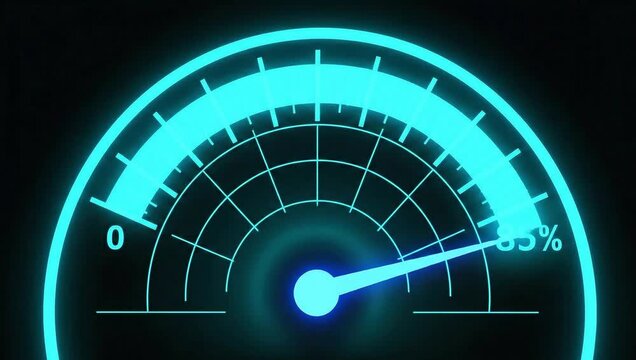 Neon speedometer measures progress, showing gains in speed, performance, and efficiency for business or technology projects, success indicator