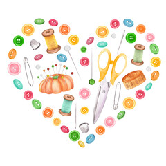 Heart-shaped design element of sewing accessories. Round buttons, scissors, thimbles, thread spools, pins and needles, pincushion and tape measure. Sewing kit. Hand-drawn watercolor illustration