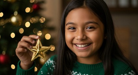 Smiling young girl with dark hair holding a shiny gold star ornament in front of a decorated christmas tree