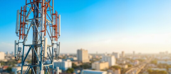 Telecommunications tower with 5G antennas against a blue sky. Cellular network mast infrastructure over a blurred cityscape. Copy space for text