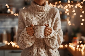 Cozy woman in warm sweater holding festive holiday mug indoors soft winter light intimate seasonal comfort scene woman with christmas tree