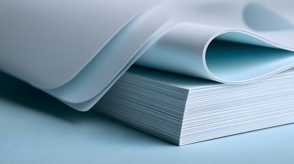 Stack of crisp white sheets curves softly above a substantial pile of writing material