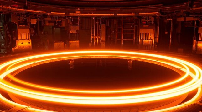 Interior of a futuristic experimental tokamak fusion reactor, where extremely hot, magnetically confined plasma swirls in a glowing, violent ring, visualizing cutting-edge fusion physics and clean ene