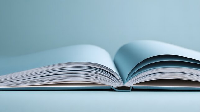 Open notebook rests flat displaying numerous pale blue pages against a soft background