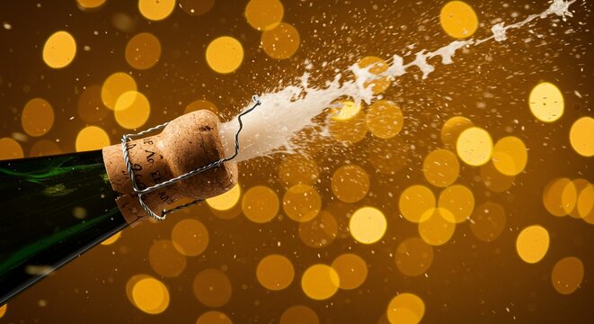 Champagne bottle cork popping with sparkling wine spraying against a festive golden bokeh background for celebration