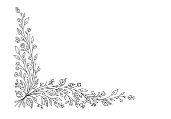 Obraz premium Black and white line art floral corner ornament with vines and small flowers