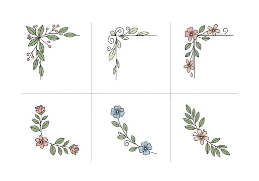 Six distinct floral and leafy corner border designs arranged in a 2x3 grid