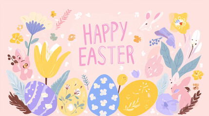 Happy Easter composition with bunny and eggs, representing joy, spring renewal and festive traditions.