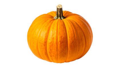 Close-up of a perfectly ripe, round, orange pumpkin, isolated on a black background