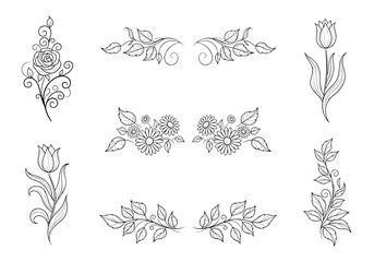 Collection of black and white floral and vine line art illustrations
