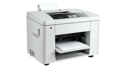 Modern, white office printer with paper tray open, top controls, and paper output tray