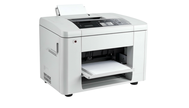 Modern, white office printer with paper tray open, top controls, and paper output tray