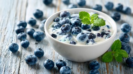 Fresh blueberries mixed with a creamy substance in a white bowl garnish with mint leaves rests on a rustic wooden surface
