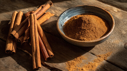 Flat lay of cinnamon sticks and ground cinnamon powder