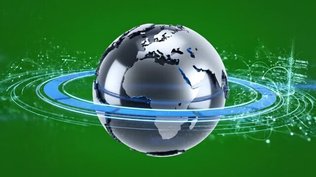 Abstract 3d digital globe with blue light rings rotating on a vibrant green screen background - Powered by Adobe