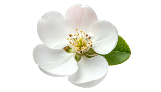 Close-up of a delicate white flower with soft pink petal interiors and bright green leaf
