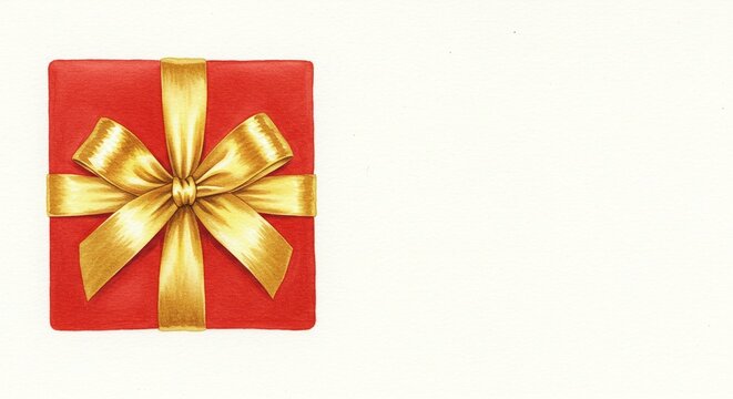 Top view of a square red gift box wrapped with a shiny golden ribbon and a large decorative bow, isolated on white background - Powered by Adobe