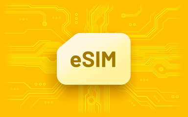 eSIM card icon on a vibrant tech circuit board background. Digital SIM technology concept.