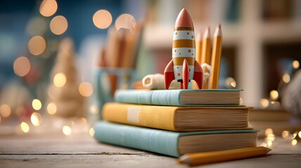 Wooden toy spaceship rests atop a stack of colorful books with pencils in the background amid warm bokeh lights