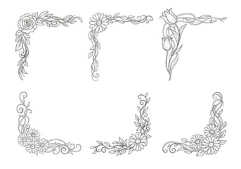 Six black and white floral corner designs featuring roses daisies and tulips © aprian