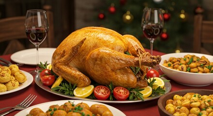 A beautifully roasted whole turkey centerpiece served on a platter with garnish, ready for a festive holiday dinner