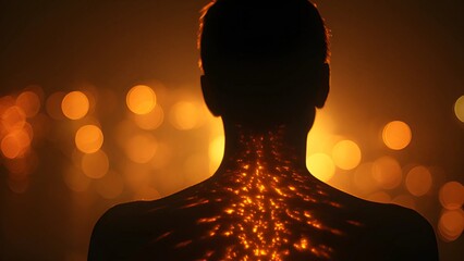 Spine surgery body alignment chakra, spirituality, energy flow, or consciousness silhouette. Backbone widespread pain nervous system. Holistic approach reiki healing meditation and wellness energy. 