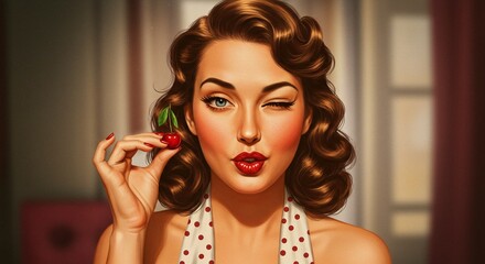 Charming pinup woman with retro hairstyle winking while holding a fresh cherry in a vintage kitchen setting