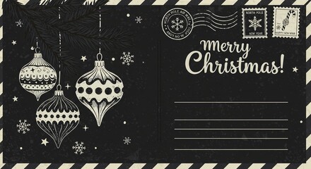 Vintage black postcard design with hanging ornate christmas baubles, snowflakes, and merry christmas greeting text