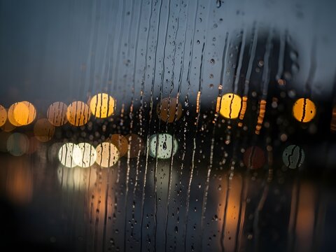 Raindrops on glass with blurred city lights in background night scene