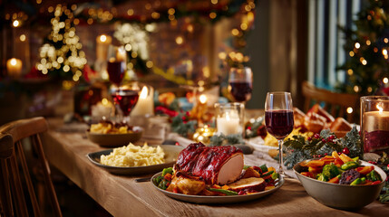 Naklejka premium Festive Christmas dinner table setup featuring traditional dishes, warm lighting, and holiday decor, perfect for seasonal celebrations and gatherings.