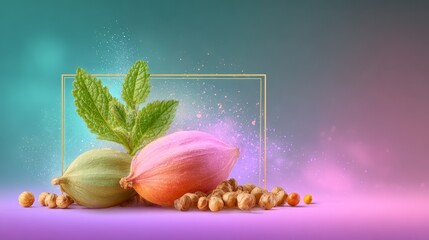 Framed arrangement of nuts with vibrant green leaf variety of nuts and vivid green leaf presented within frame