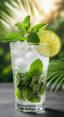 Fresh vibrant mojito cocktail with crisp mint lime and ice for a refreshing tropical summer day