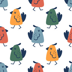 Funny birds seamless pattern. Cute colorful birds. Handdrawn vector repeating ornament useful for print, kids fabric, textile, apparel, clothes, wallpaper, wrapping paper, digital paper