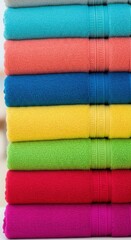 Colorful stack of fresh soft cotton towels neatly folded displaying a spectrum of vibrant hues for comfort