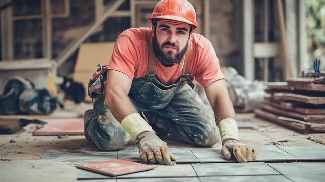 A construction worker carefully places tiles on the floor of a building site while wearing protective gear and focusing on the task at hand