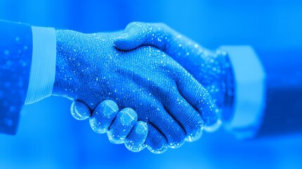 Two hands shaking signify agreement people shake hands showing partnership on blue