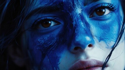 Video A close-up shot of a woman's face with blue paint applied to her skin, perfect for use in cultural or artistic concepts