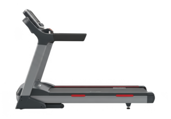 Modern gray and red fitness treadmill for home gym or commercial use, side view, isolated health equipment