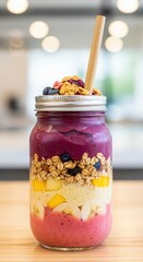 Vibrant layered fruit smoothie bowl in a mason jar topped with granola and berries healthy breakfast
